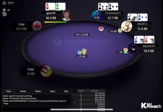 Интересные раздачи воскресного турнира за 5200$.  1) один до призов