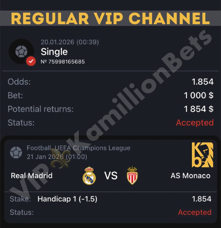 Football. UEFA Champions League Real Madrid - Monaco Real Madrid handicap -1....