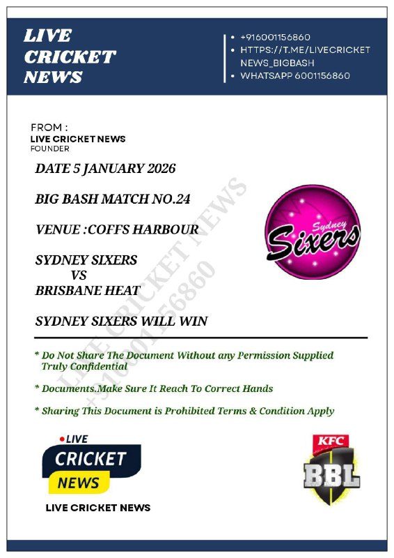 BIGBASH 24th MATCH :: (VIP PREMIUM)  VIP PREMIUM MATCH RESULTS - PASS     SYD...
