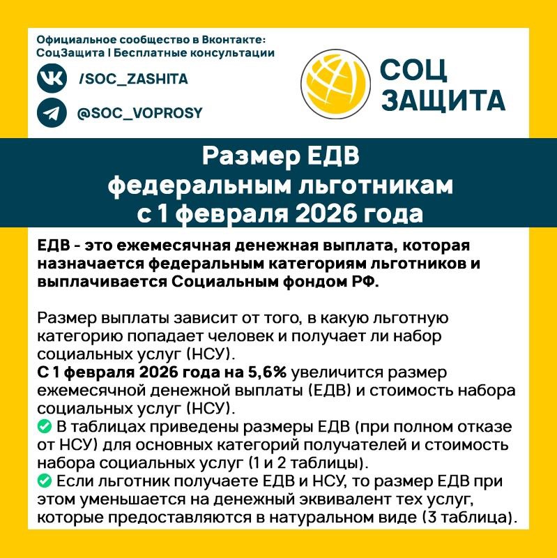 Размер ЕДВ и НСУ федеральный льготникам с 1 февраля 2026 года.          - под...