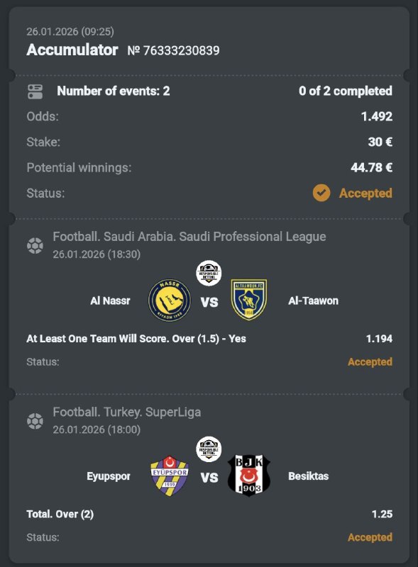 Monday 26/01/2026  Free double   18:30 Al Nassr   Al Tawoun   Atleast one tea...