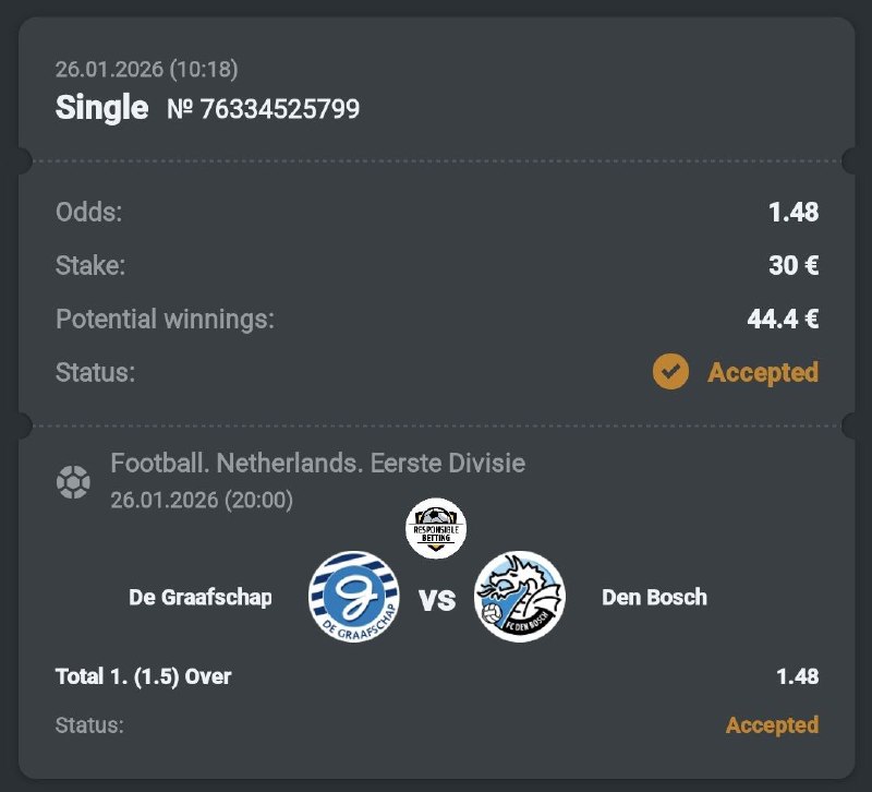 Monday 26/01/2026  Free single   20:00 De Graafschap   Den Bosch   Total odds...