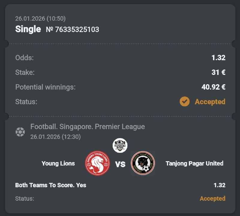 Monday 26/01/2026  Free single   12:30 Young Lions   Tanjong   Total odds: 1....