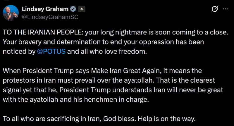 — რესპუბლიკელი სენატორი ლინდსი გრემი:  ირანელ ხალხს: თქვენი ხანგრძლივი კოშმარ...